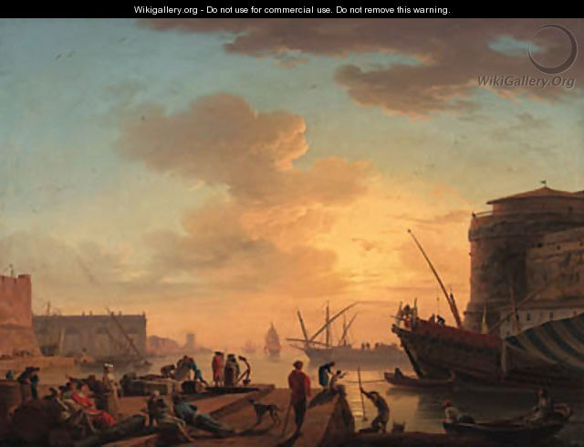 Le Soir A Mediterranean harbour at sunset with fisherfolk and merchants on a quay - Claude-joseph Vernet
