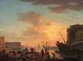 Le Soir A Mediterranean harbour at sunset with fisherfolk and merchants on a quay - Claude-joseph Vernet