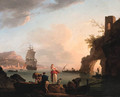 La Peche heureuse A Mediterranean coast at sunset with fisherfolk unloading a catch near a natural arch, a frigate offshore, and a city beyond - Claude-joseph Vernet