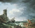 A storm with a shipwreck by a fortress, a castaway in the foreground - Claude-joseph Vernet