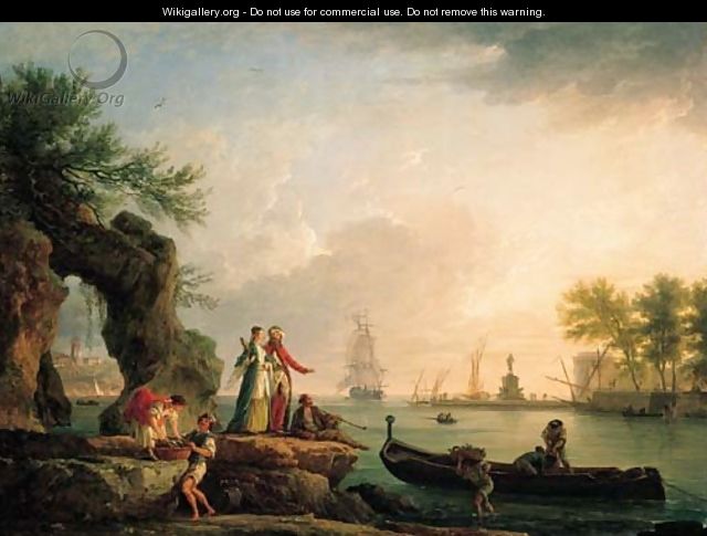 A Mediterranean port at sunset with a Levantine couple on an outcrop and fishermen unloading their catch - Claude-joseph Vernet