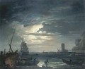 A Mediterranean inlet by moonlight with fisherfolk cooking by a rock, a three-master about to drop anchor and a tower beyond - Claude-joseph Vernet