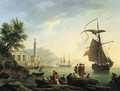 A Mediterranean harbour at sunset with fisherfolk on a quay - Claude-joseph Vernet