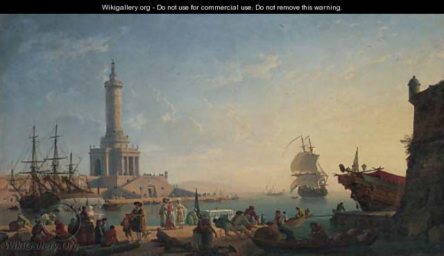 A Mediterranean harbour at sunset with fisherfolk and merchants on a quay, a lighthouse beyond - Claude-joseph Vernet