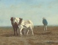 Deux chevaux atteles AA  une herse, conduits par un paysan - Constant Troyon