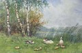 Ducks and ducklings on a river bank - David Adolf Constant Artz