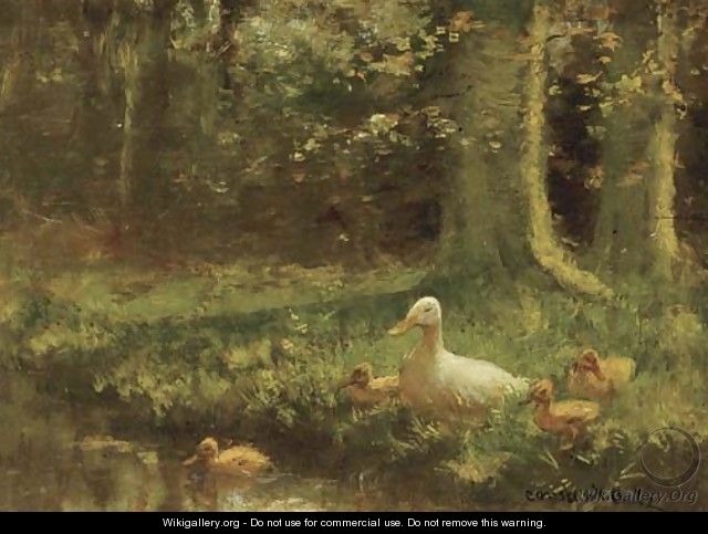 Duck and ducklings on a riverbank - David Adolf Constant Artz