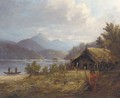 A native figure standing near a thatched barn by a lake - Colonial School