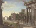 An arhitectural capriccio of classical ruins with elegant company - (after) Viviano Codazzi