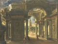 An architectural capriccio of the loggia of a Baroque palace, a port beyond - (after) Viviano Codazzi