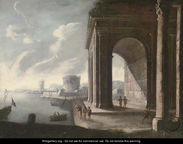 A Mediterranean coastal harbour with figures by a classical arch - (after) Viviano Codazzi