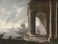 A Mediterranean coastal harbour with figures by a classical arch - (after) Viviano Codazzi