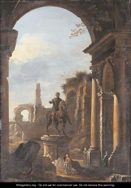 A capriccio of Roman ruins with peasants amongst ruins by the equestrian statue of Marcus Aurelius - (after) Viviano Codazzi