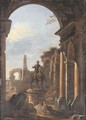 A capriccio of Roman ruins with peasants amongst ruins by the equestrian statue of Marcus Aurelius - (after) Viviano Codazzi