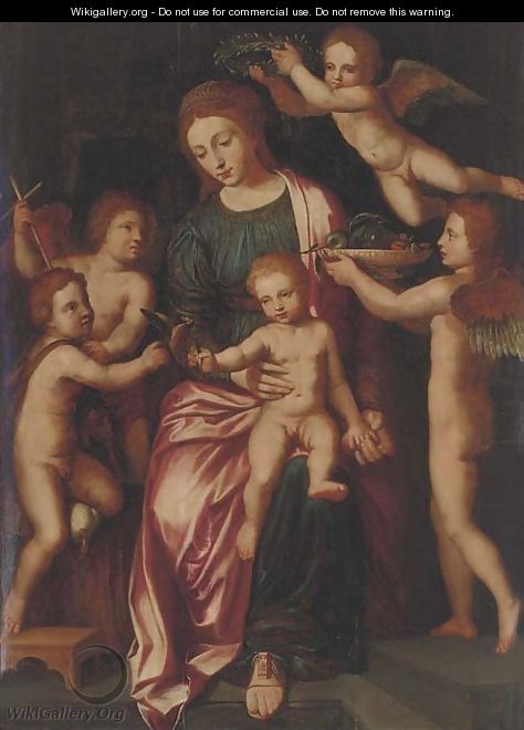The Virgin and Child with the Infant Saint John the Baptist and three putti - (after) Vincent Sellaer