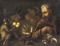 A man and a monkey with a melon, figs, mushrooms and peaches on a table - (after) Tommaso Salini (Mao)