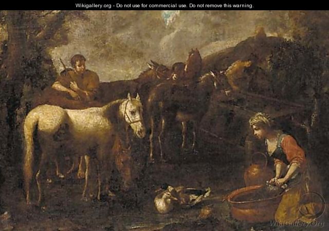 A drover with horses and donkeys stopped at a watering trough, a washerwoman kneeling nearby - (after) Tommaso Salini (Mao)