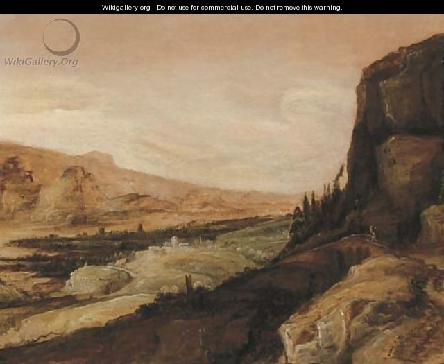 An extensive landscape with a traveller on a bridge - (after)Tobias Van Haecht (see Verhaecht)