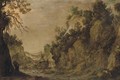 A rocky landscape with a waterfall and two figures by a river - (after)Tobias Van Haecht (see Verhaecht)