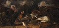 Peacocks with a Turkey, Chicken and Poults with a Goldfinch in a Landscape - (after) Tobias Stranover