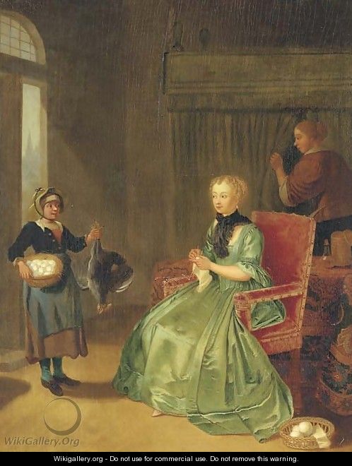 A lady seated in an interior, with a maidservant and a girl holding a chicken and basket of eggs - (after) Tibout Regters