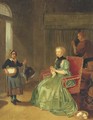 A lady seated in an interior, with a maidservant and a girl holding a chicken and basket of eggs - (after) Tibout Regters