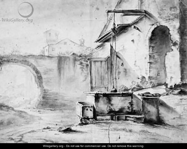 A Well in the Courtyard of an Italian house, a church beyond - (after) Thomas Wyck