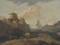A Mediterranean coastal inlet with boats and a man-o'-war - (after) Thomas Wyck