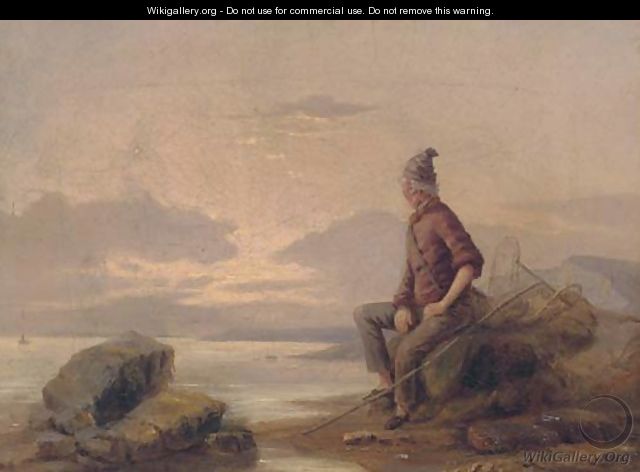 A shrimper sitting on the rocks at dusk - (after) William Collins