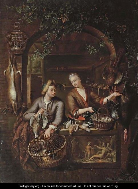 Poultry sellers in a arched window above a carved relief - (after) Willem Van Mieris