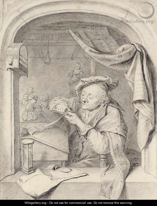 A scholar sharpening his quill at a casement, girls in a schoolroom beyond, after Gerrit Dou - (after) Willem Van Mieris