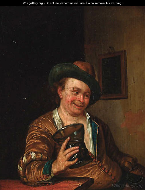 A peasant man holding a large roemer at a table in an interior - (after) Willem Van Mieris