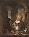 A cavalier smoking and playing cards at a window - (after) Willem Van Mieris