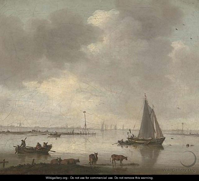 A river landscape with cattle and fishermen - (after) Willem Van Diest