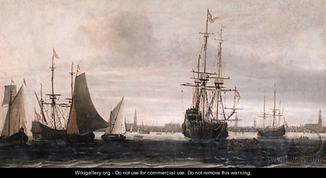 A man-of-war, a rowing boat and other shipping on the IJ, Amsterdam - (after) Willem Van Diest