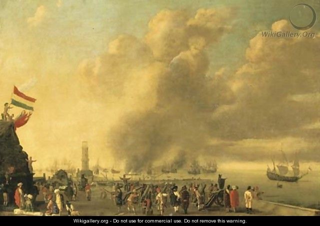 A fortified harbor with merchants and soldiers in the foreground, a naval battle beyond - (after) Willem Van De, The Younger Velde