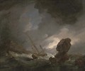 A shipwrecked man'o-war in stormy seas off a rocky coast, survivors in the foreground - (after) Willem Van De, The Younger Velde
