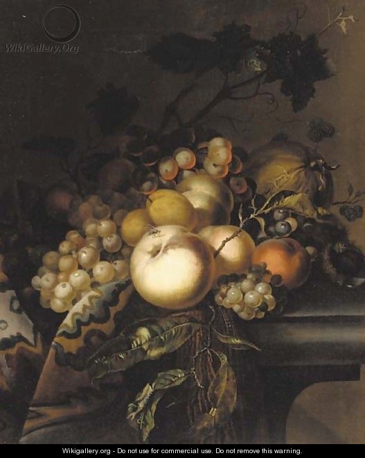 Grapes and vine leaves, peaches, apricots, horse chestnuts and blackberries on a draped ledge - (after) Willem Van Aelst