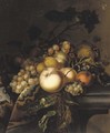 Grapes and vine leaves, peaches, apricots, horse chestnuts and blackberries on a draped ledge - (after) Willem Van Aelst