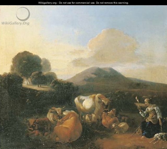 An Italianate landscape with shepherds with goats, sheep and cattle resting by a river - (after) Willem Romeyn