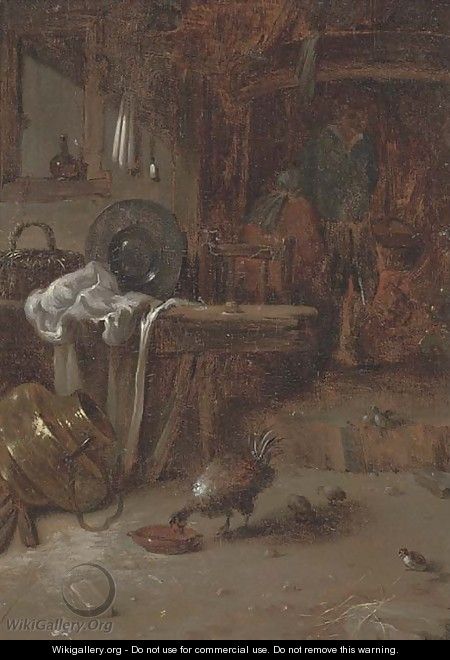 A kitchen interior with a couple by a fire, a hen and its chicks in the foreground - (after) Willem Kalf