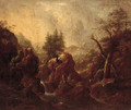 A mountainous landscape with stags by a stream, a shepherd beyond - (after) Wilhelm Von Bemmel
