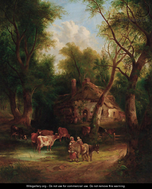 Countryfolk before a cottage in a wooded landscape - (after) William Joseph Shayer