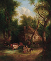 Countryfolk before a cottage in a wooded landscape - (after) William Joseph Shayer