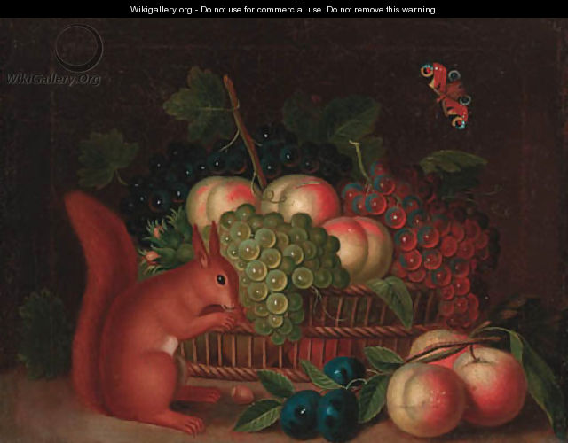 A basket of grapes and peaches, with plums and peaches and a squirrel eating nuts on a ledge - (after) William Sartorius