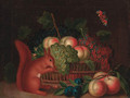 A basket of grapes and peaches, with plums and peaches and a squirrel eating nuts on a ledge - (after) William Sartorius