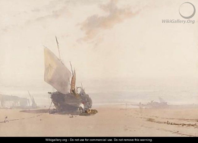 A beached fishing vessel at low tide - (after) William Roxby Beverly