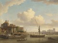 Messrs Peach and Larkin's barge building yard on the Lambeth bank of the Thames, Westminster Abbey beyond - (after) William Marlow