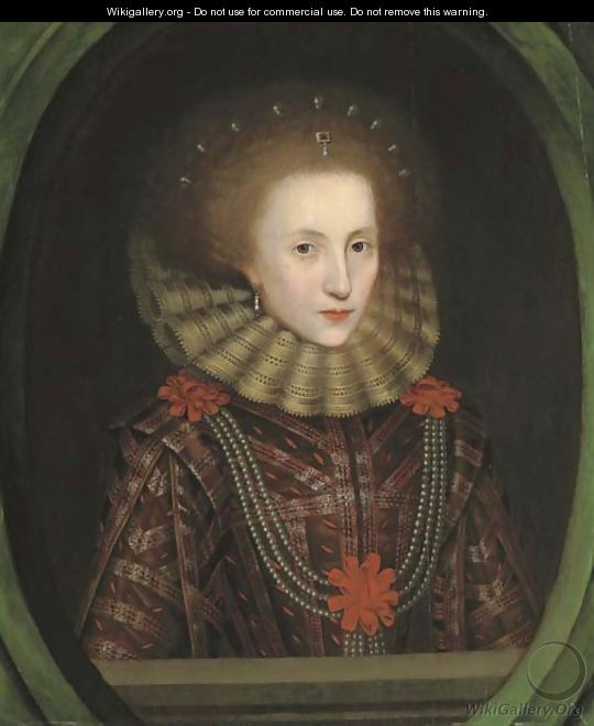 Portrait of a lady, half-length, in a brown and red embroidered dress with red rosettes and pearls and a lace ruff, feigned oval - (attr. to) Larkin, William