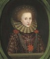Portrait of a lady, half-length, in a brown and red embroidered dress with red rosettes and pearls and a lace ruff, feigned oval - (attr. to) Larkin, William